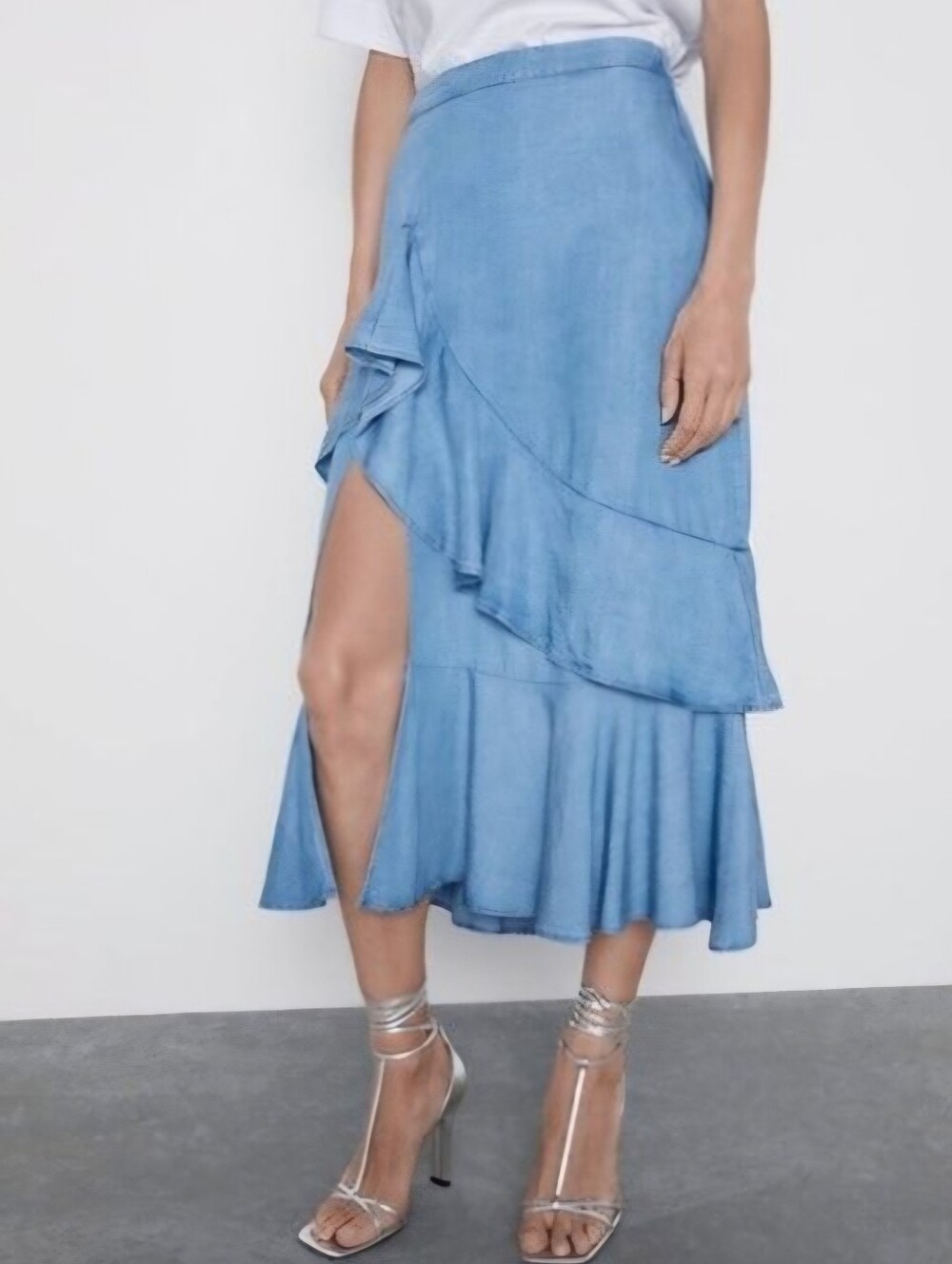 Zara Blue Ruffle Front-Slit High-low Midi Skirt